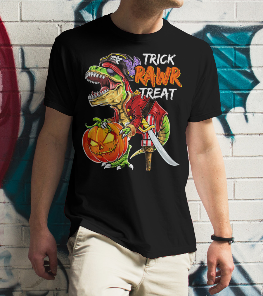 Trick Rawr Treat Pirate Dinosaur Halloween Pumpkin Jack T-Shirt