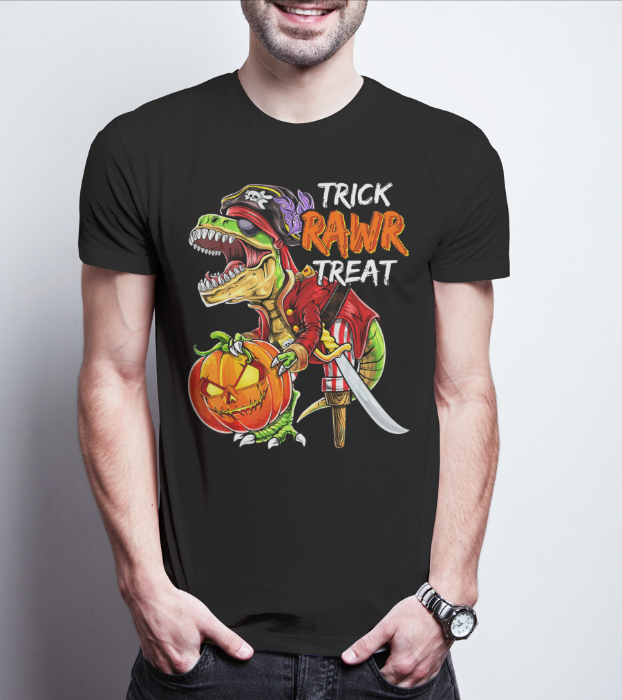 Trick Rawr Treat Pirate Dinosaur Halloween Pumpkin Jack T-Shirt