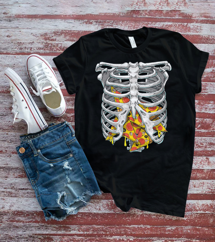Skeleton Rib Cage Halloween Pizza Slices Inside T-Shirt