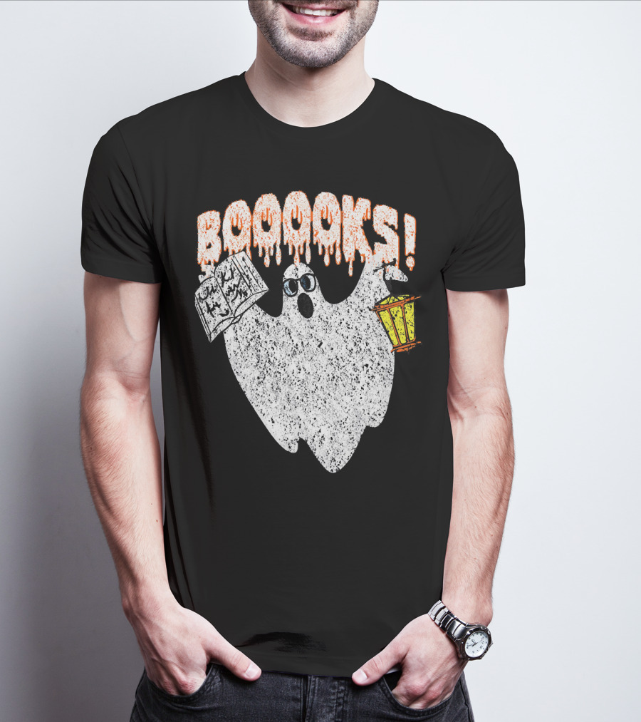 Booooks Spooky Ghost With Open Scary Book And Lantern T-Shirt