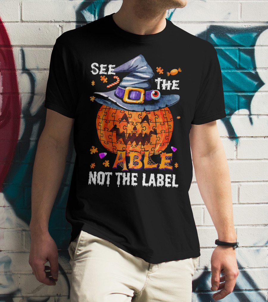 See The Able Not The Label Autism Awareness Halloween Pumpkin Puzzle Hat T-Shirt