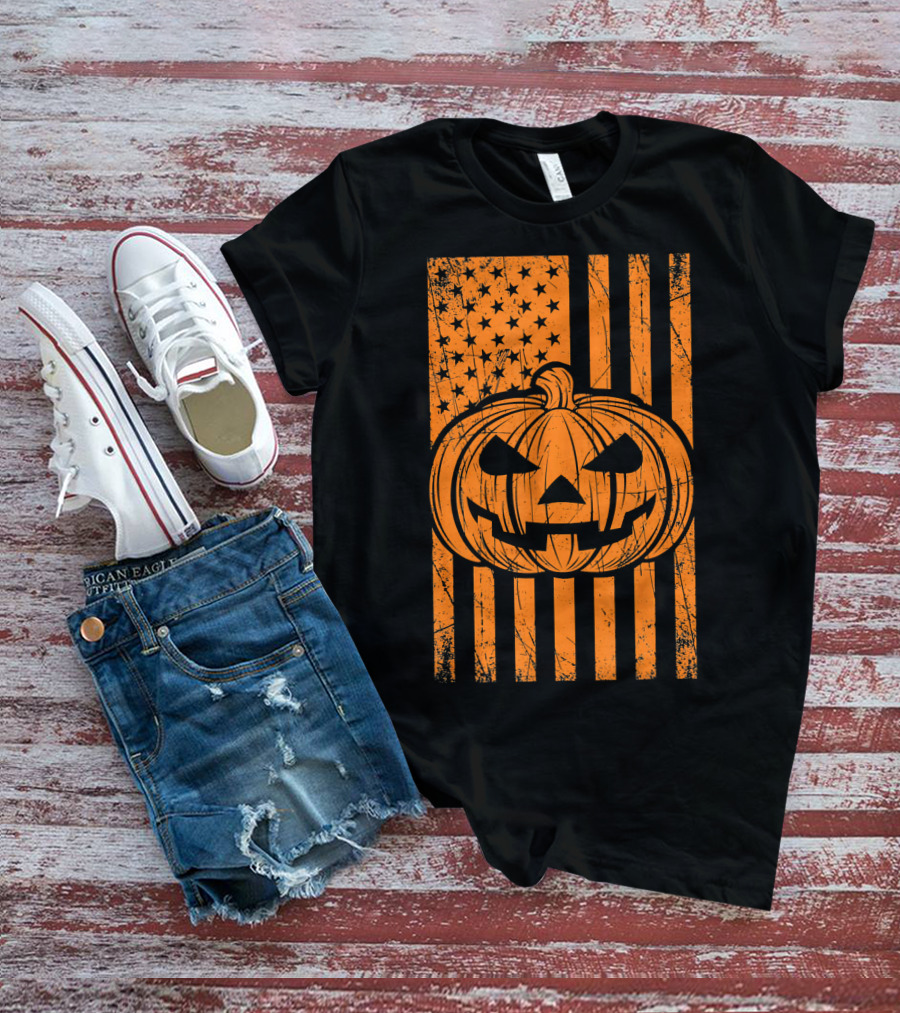 American Flag Grunge Pumpkin Halloween Las T-Shirt