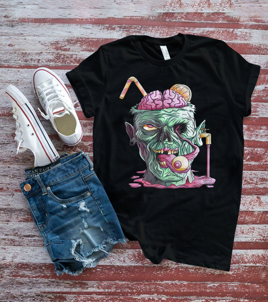 Zombie Face Brain Halloween Zombies Straw Brain Drink Eyeball Tongue T-Shirt