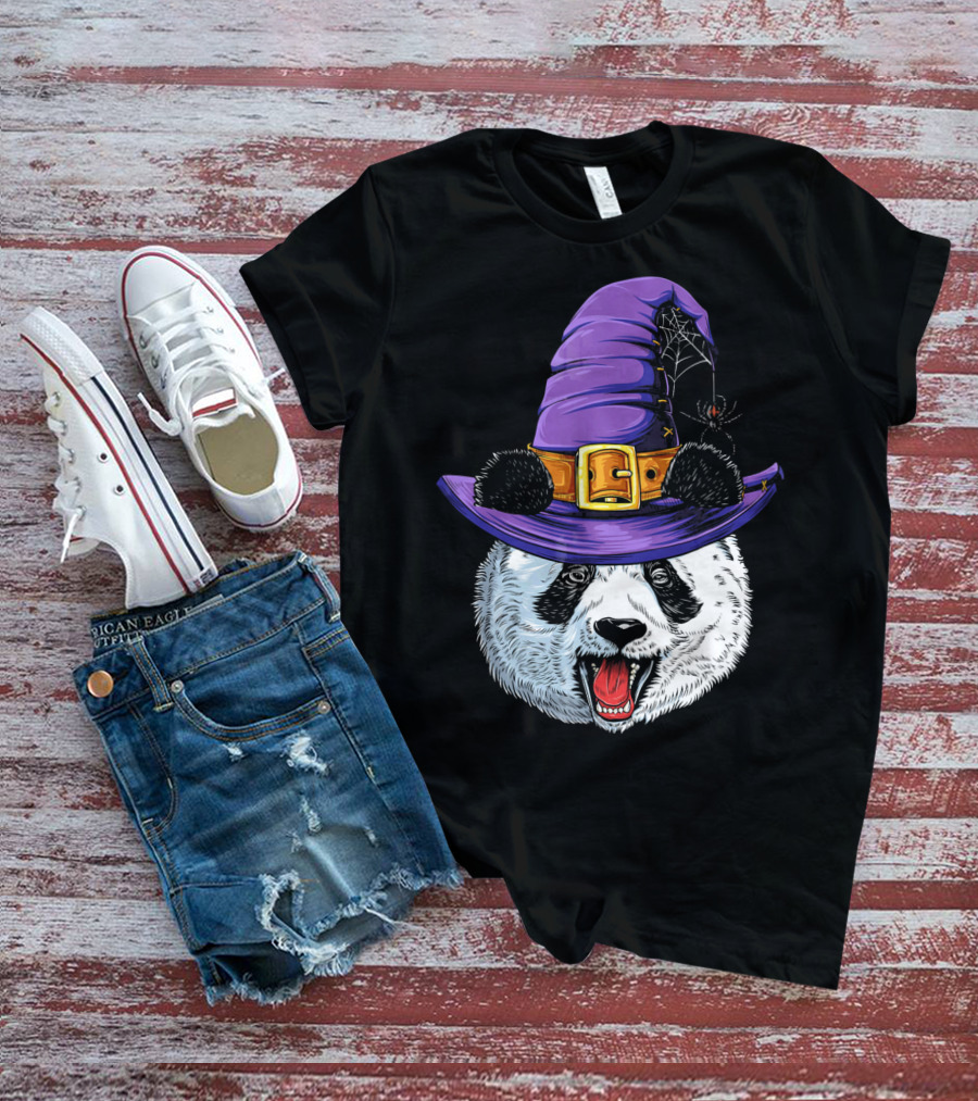 Panda Wearing Witch Hat With Spider Halloween T-Shirt