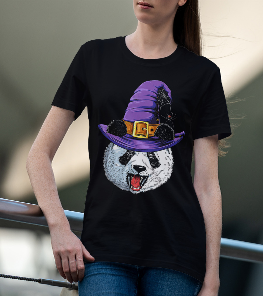 Panda Wearing Witch Hat With Spider Halloween T-Shirt
