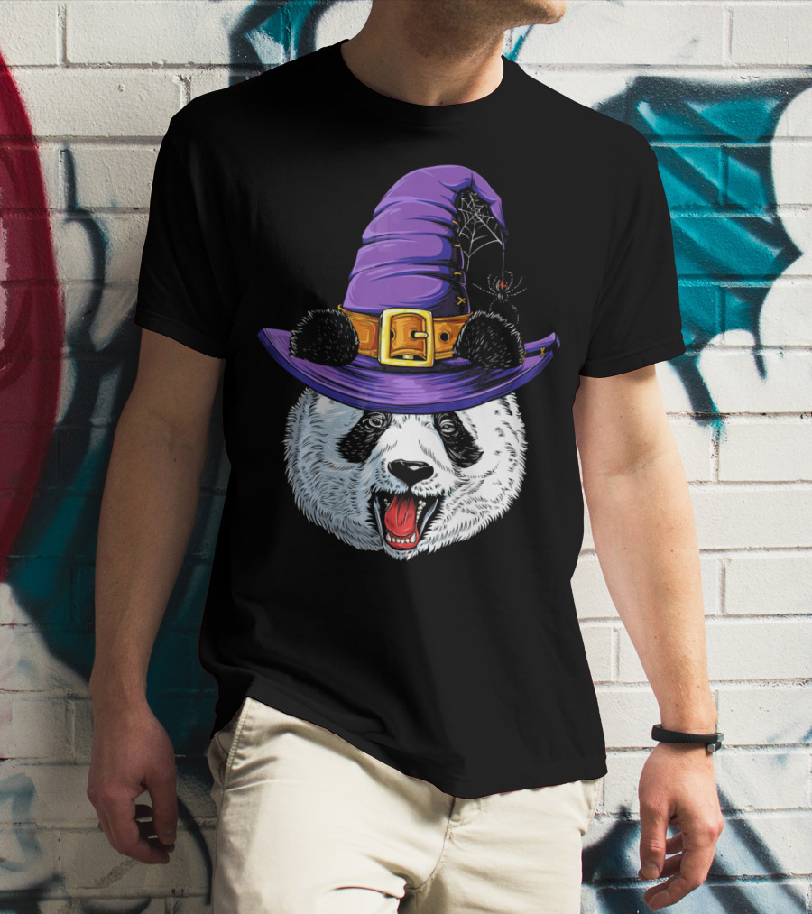 Panda Wearing Witch Hat With Spider Halloween T-Shirt