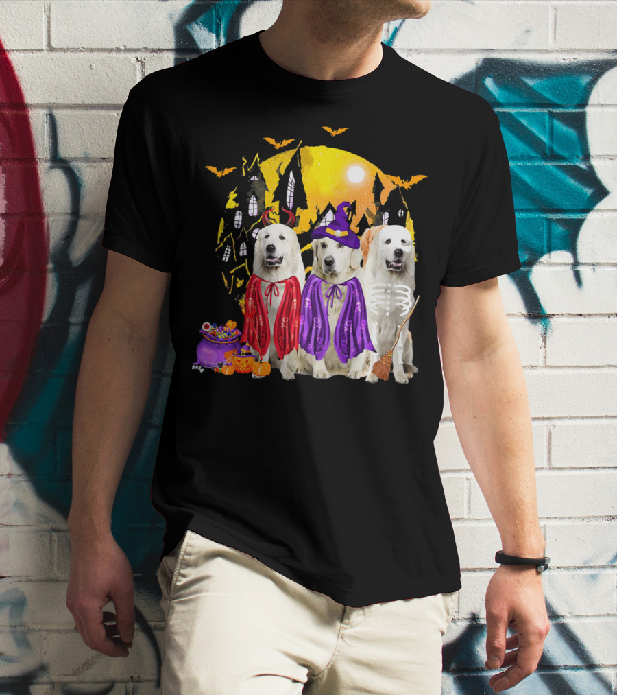 Great Pyrenees Dog Family Of Three Halloween Costumes Moonlit Night T-Shirt
