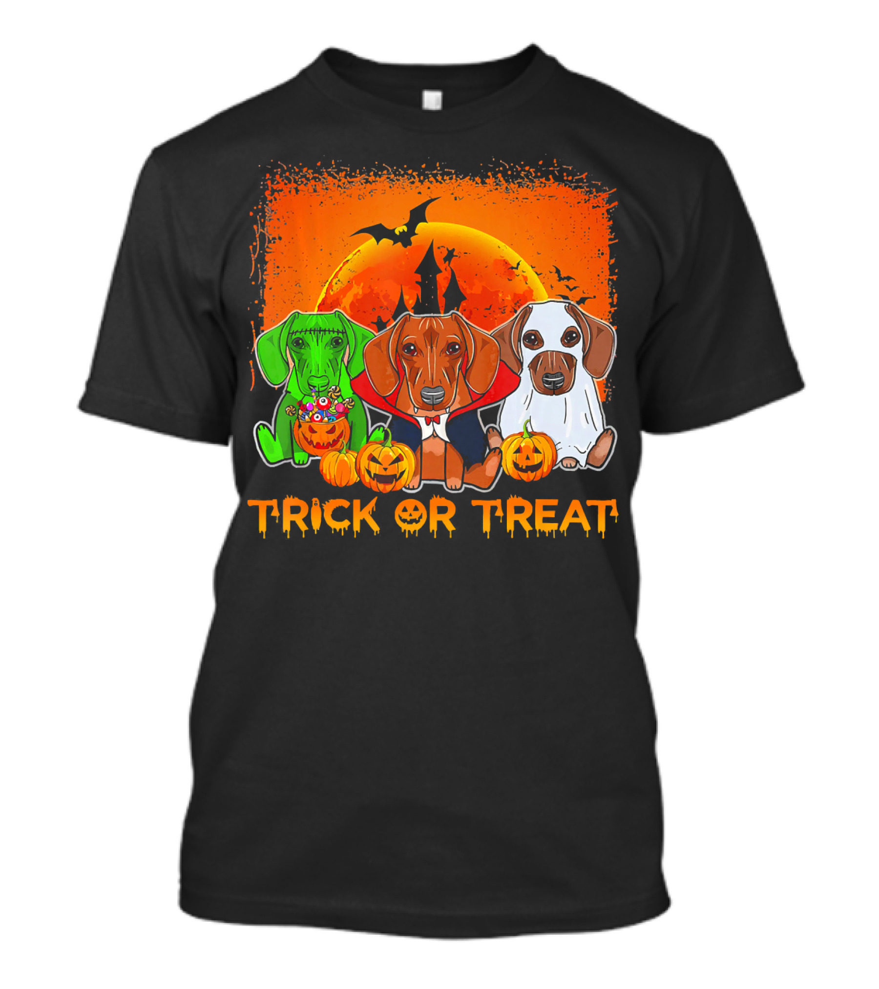 Halloween Dachshund Trio Trick Or Treat With Pumpkins And Moon Background T-Shirt