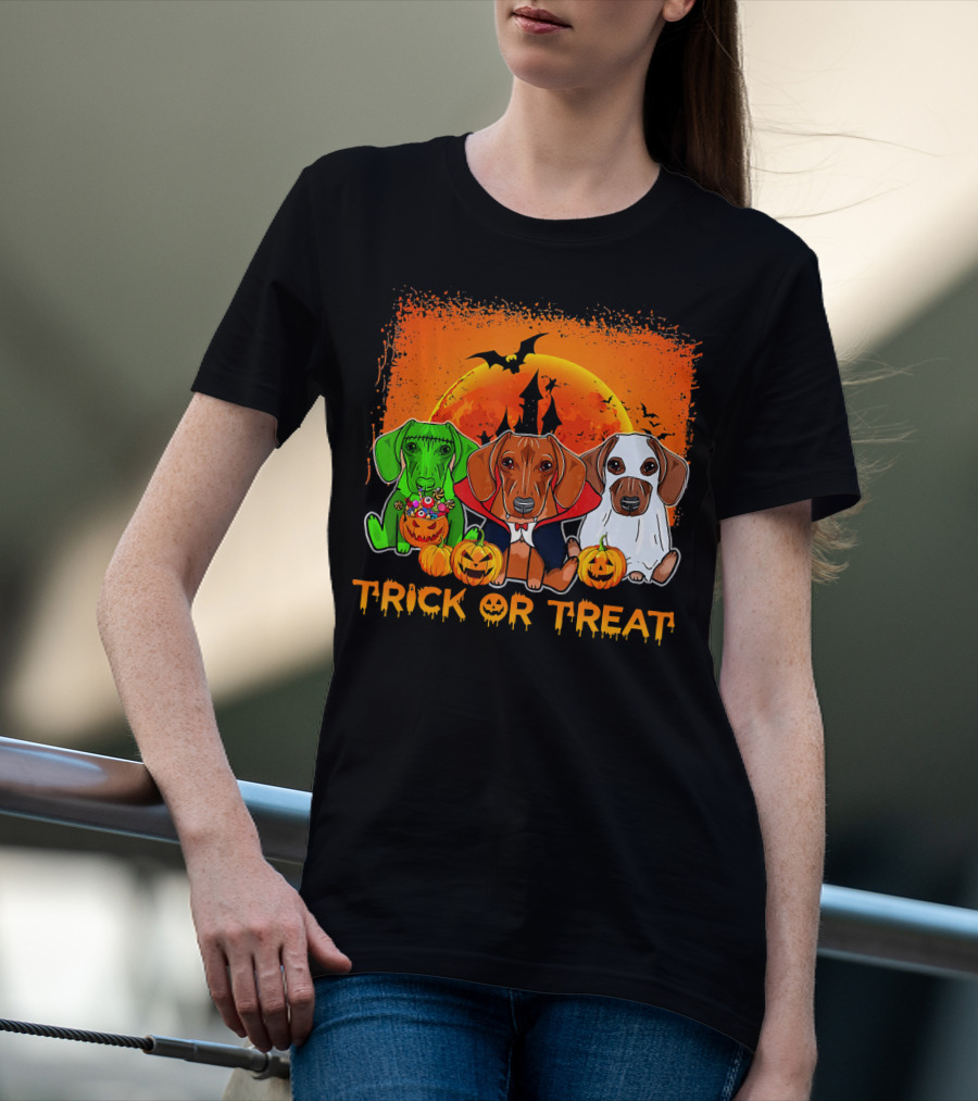 Halloween Dachshund Trio Trick Or Treat With Pumpkins And Moon Background T-Shirt