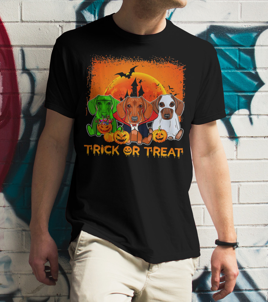 Halloween Dachshund Trio Trick Or Treat With Pumpkins And Moon Background T-Shirt