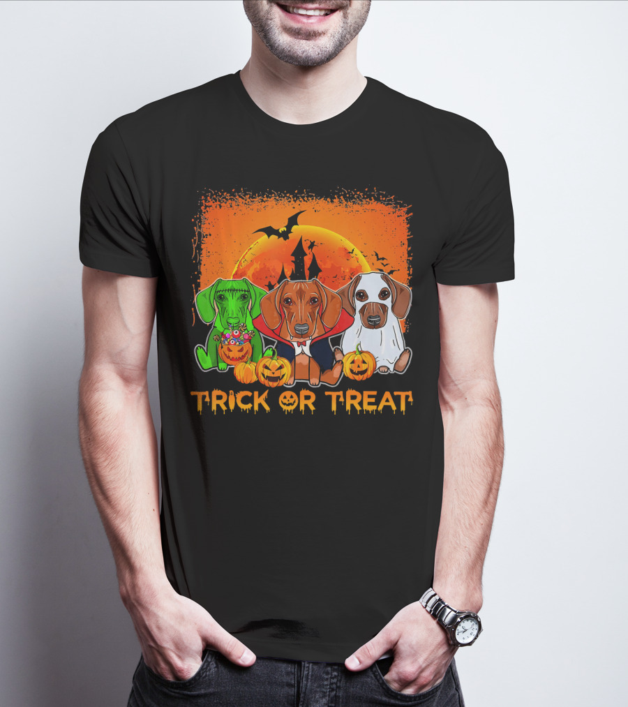 Halloween Dachshund Trio Trick Or Treat With Pumpkins And Moon Background T-Shirt