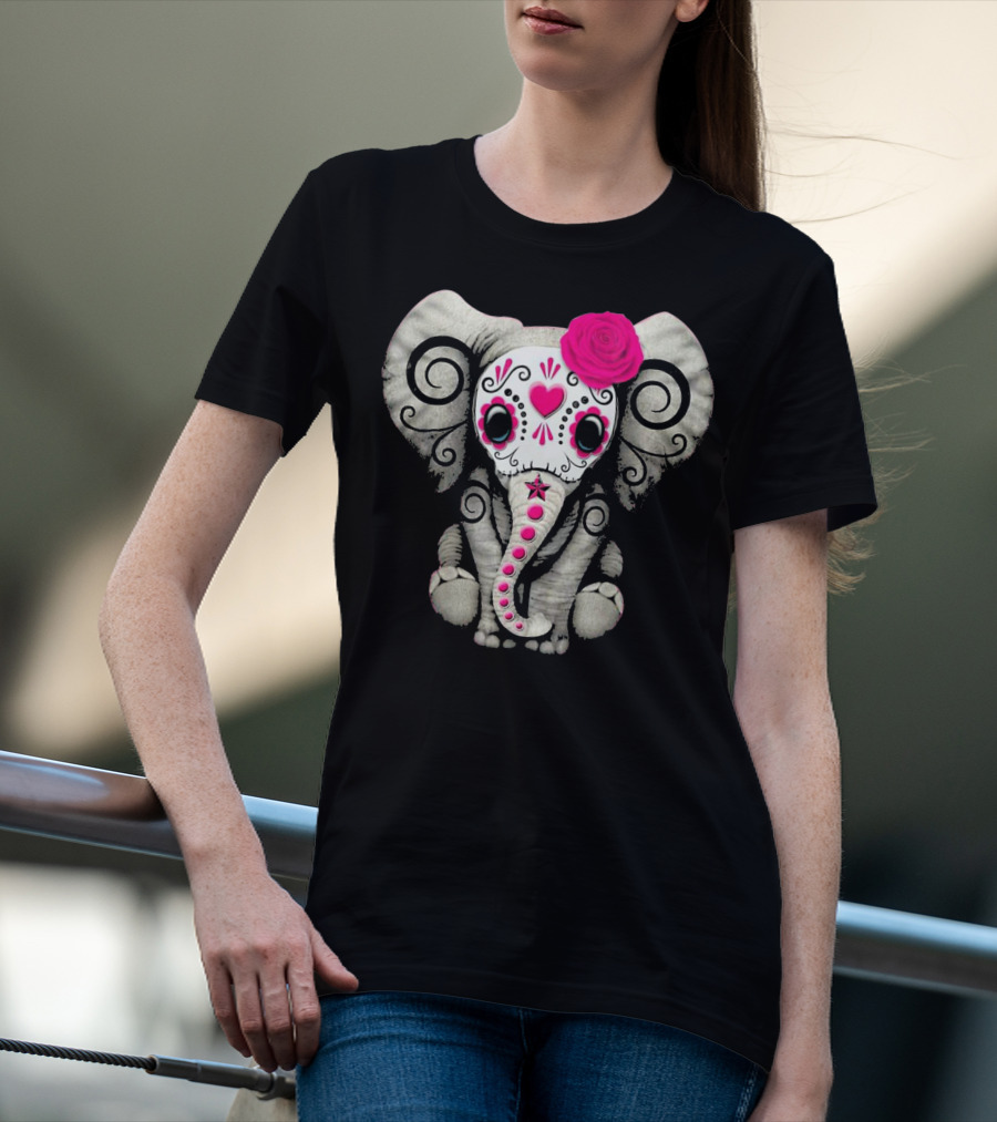 Dead Sugar Skull Elephant Pink Flower T-Shirt