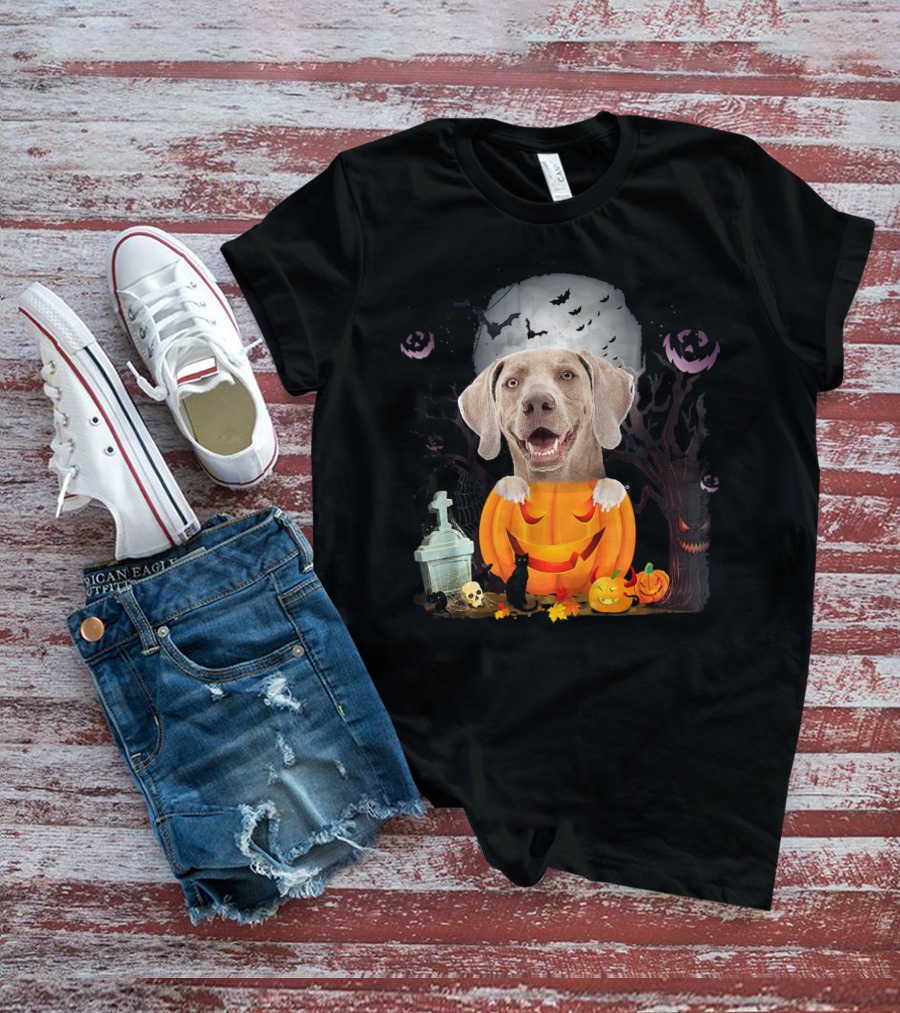 Weimaraner Dog In Halloween Pumpkin With Bats And Black Cat T-Shirt