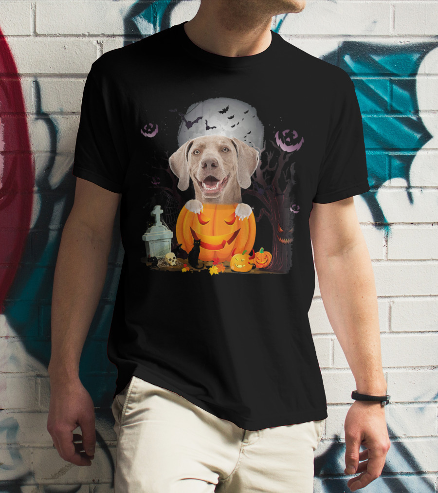 Weimaraner Dog In Halloween Pumpkin With Bats And Black Cat T-Shirt