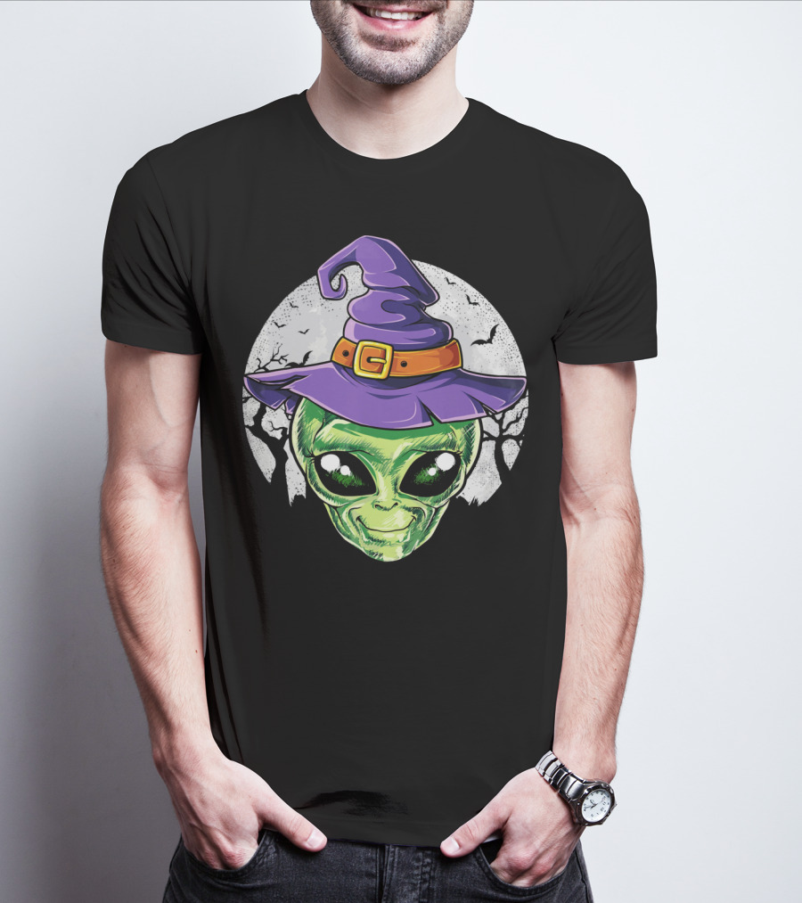 Alien Witch Hat With Moon And Bats T-Shirt