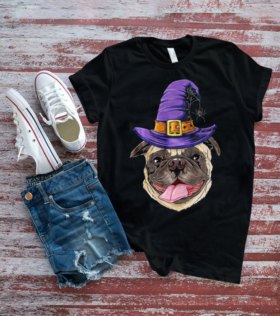 Pug With Witch Hat And Spider Halloween T-Shirt
