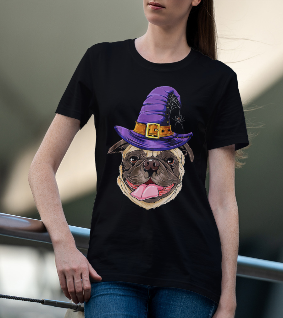 Pug With Witch Hat And Spider Halloween T-Shirt
