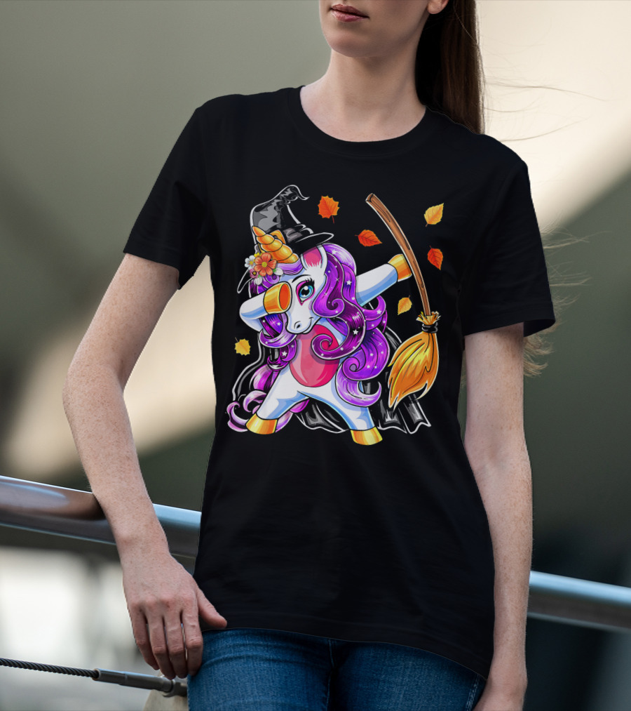 Dabbing Unicorn Halloween Witch With Magical Broom And Autumn Leaves T-Shirt