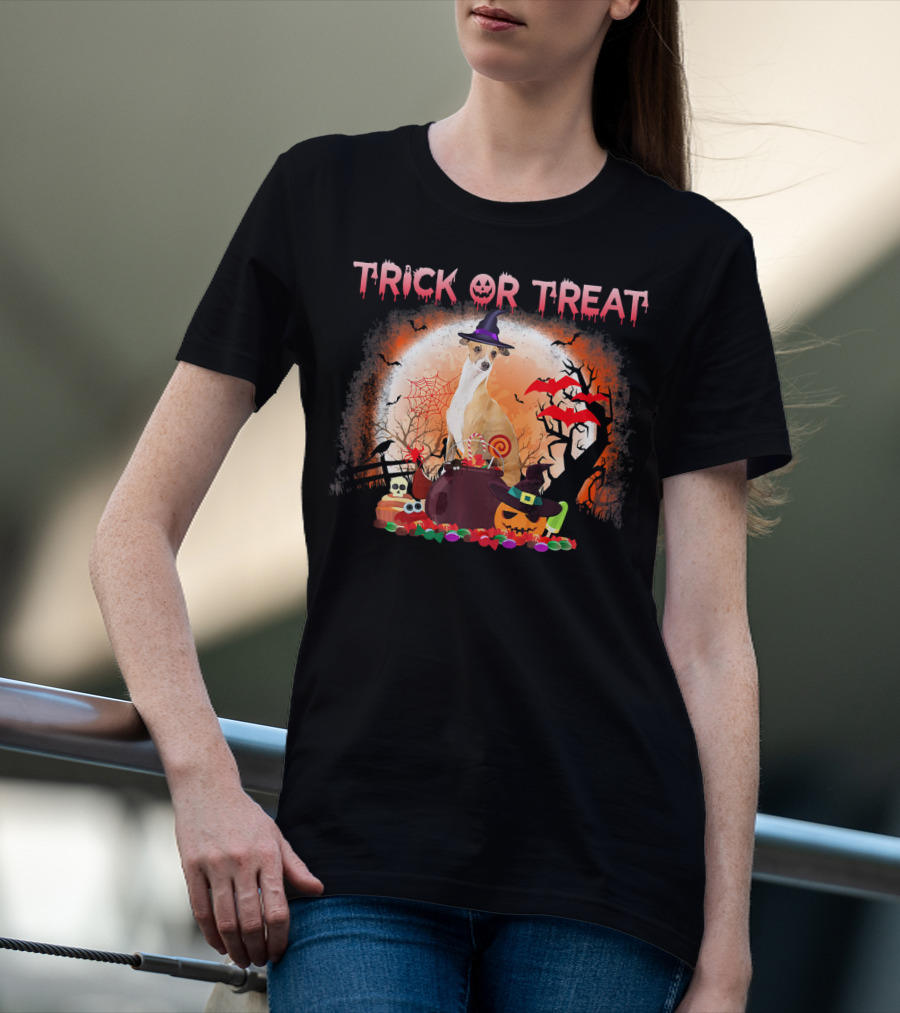 Trick Or Treat Italian Greyhound Halloween Magic Moonlit Scene T-Shirt