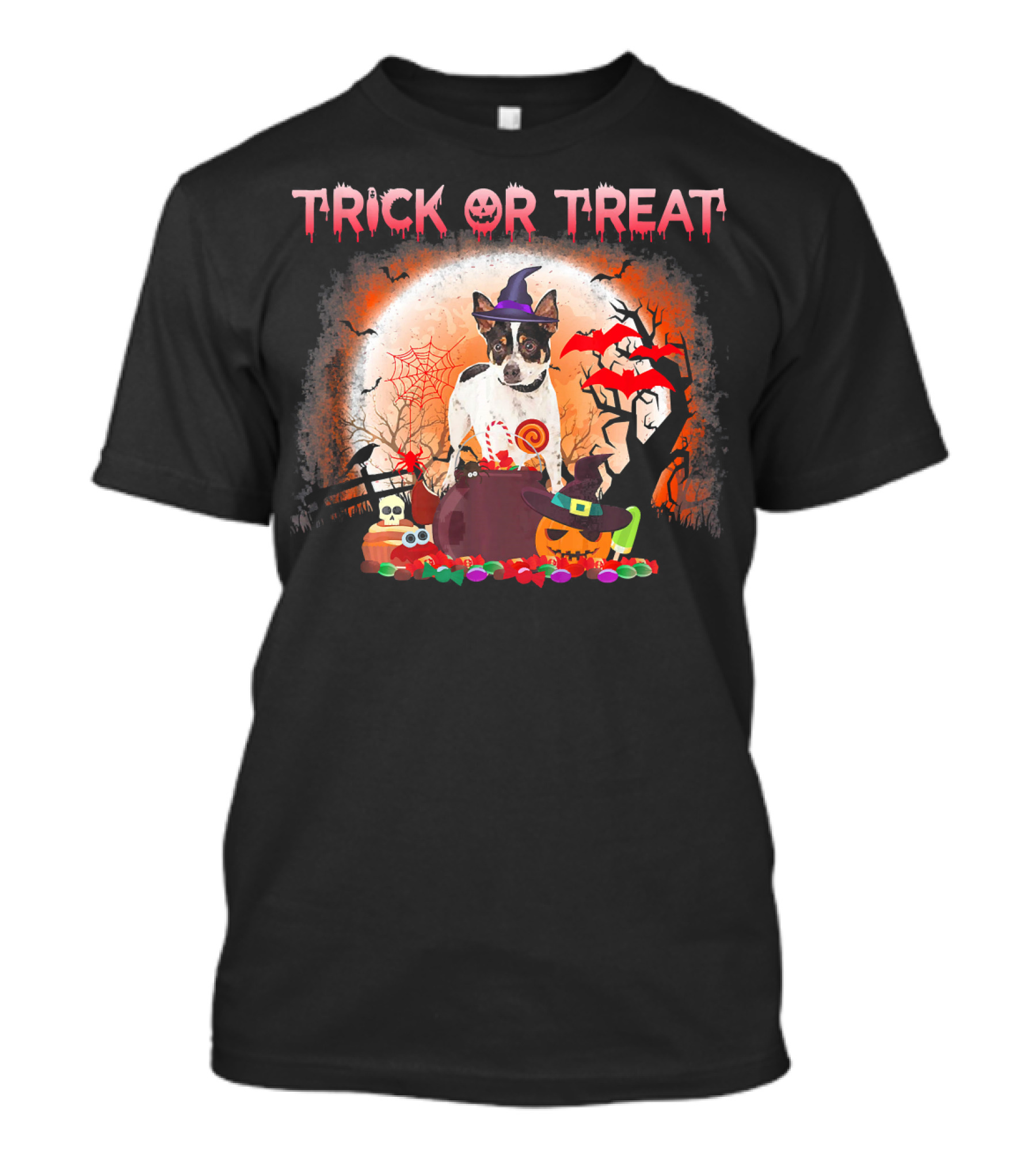 Trick Or Treat Rat Terrier Halloween With Witch Hat, Bats, And Pumpkins T-Shirt