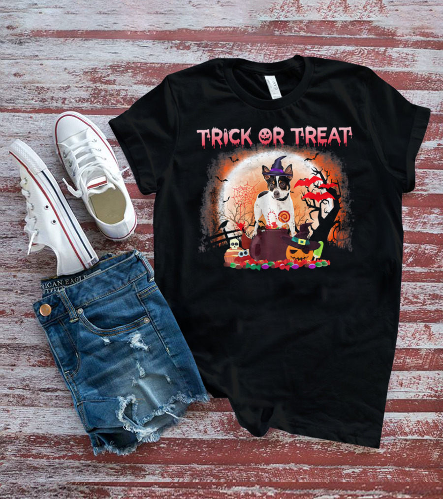 Trick Or Treat Rat Terrier Halloween With Witch Hat, Bats, And Pumpkins T-Shirt