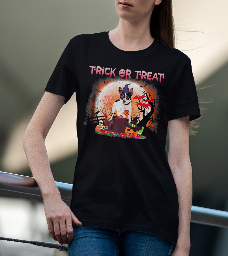 Trick Or Treat Rat Terrier Halloween With Witch Hat, Bats, And Pumpkins T-Shirt