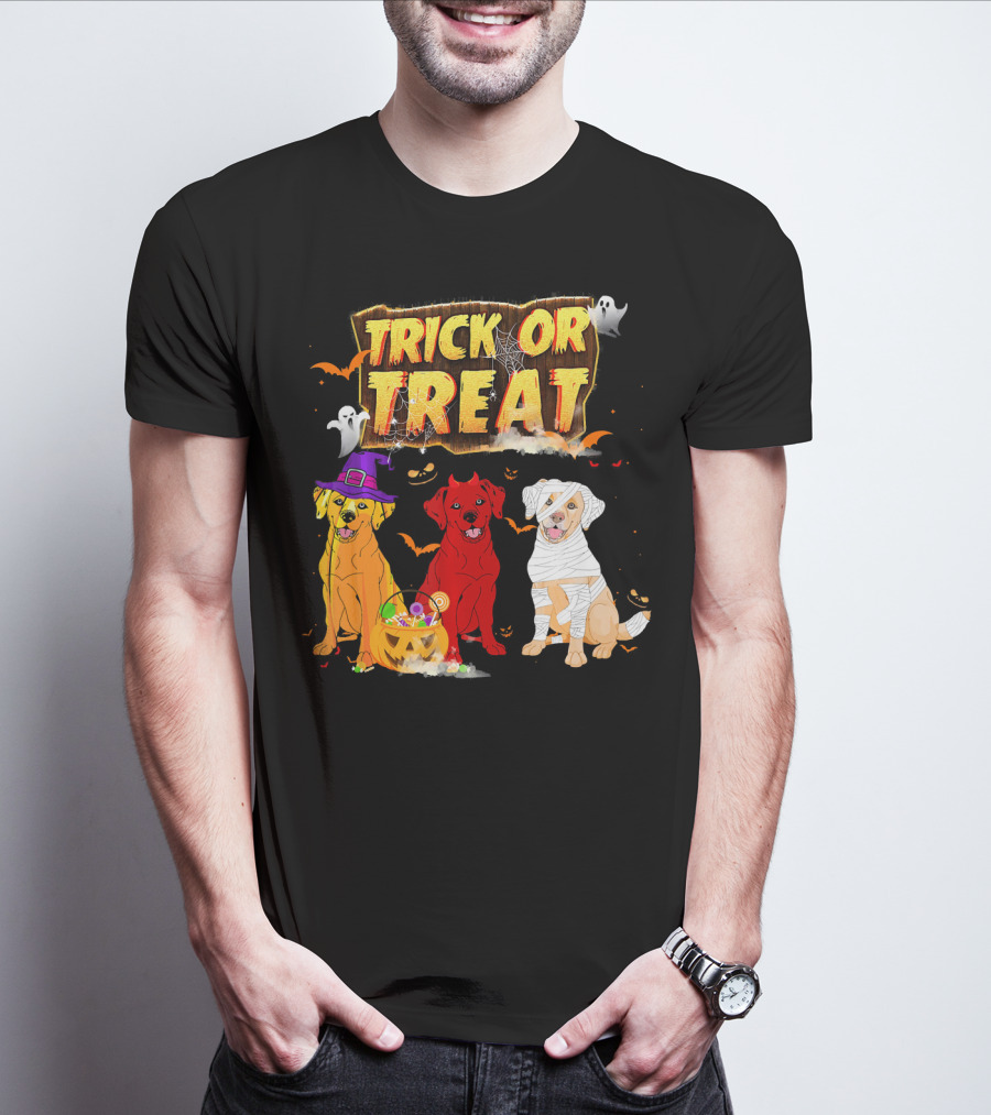 Trick Or Treat Three Labrador Retrievers Halloween Pumpkin Candy Ghosts T-Shirt