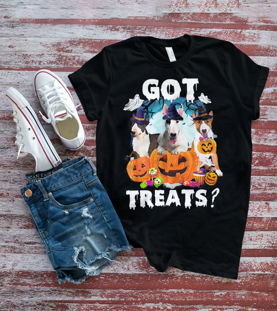 Got Treats Bull Terrier Halloween Ghosts Pumpkins T-Shirt