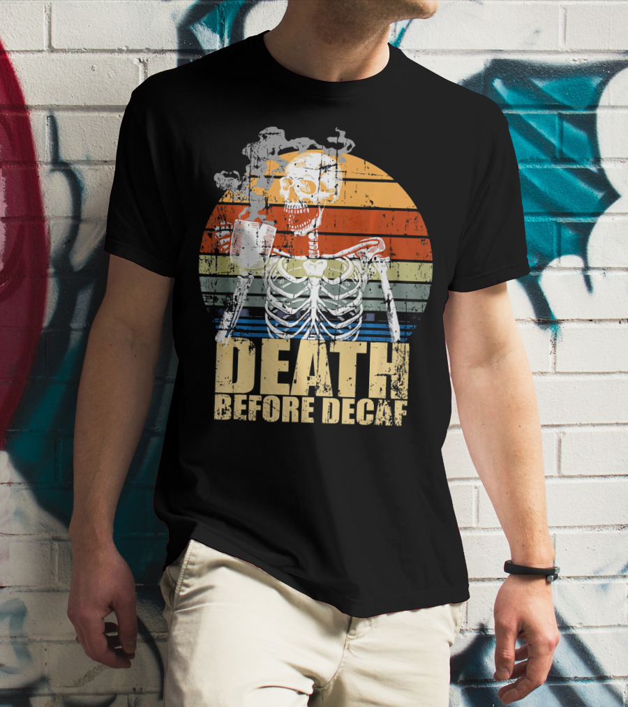 Vintage Death Before Decaf Coffee Skeleton Retro Sunset T-Shirt