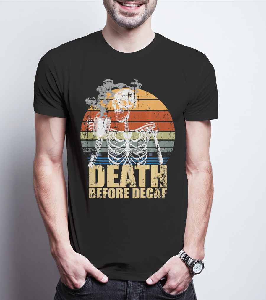 Vintage Death Before Decaf Coffee Skeleton Retro Sunset T-Shirt