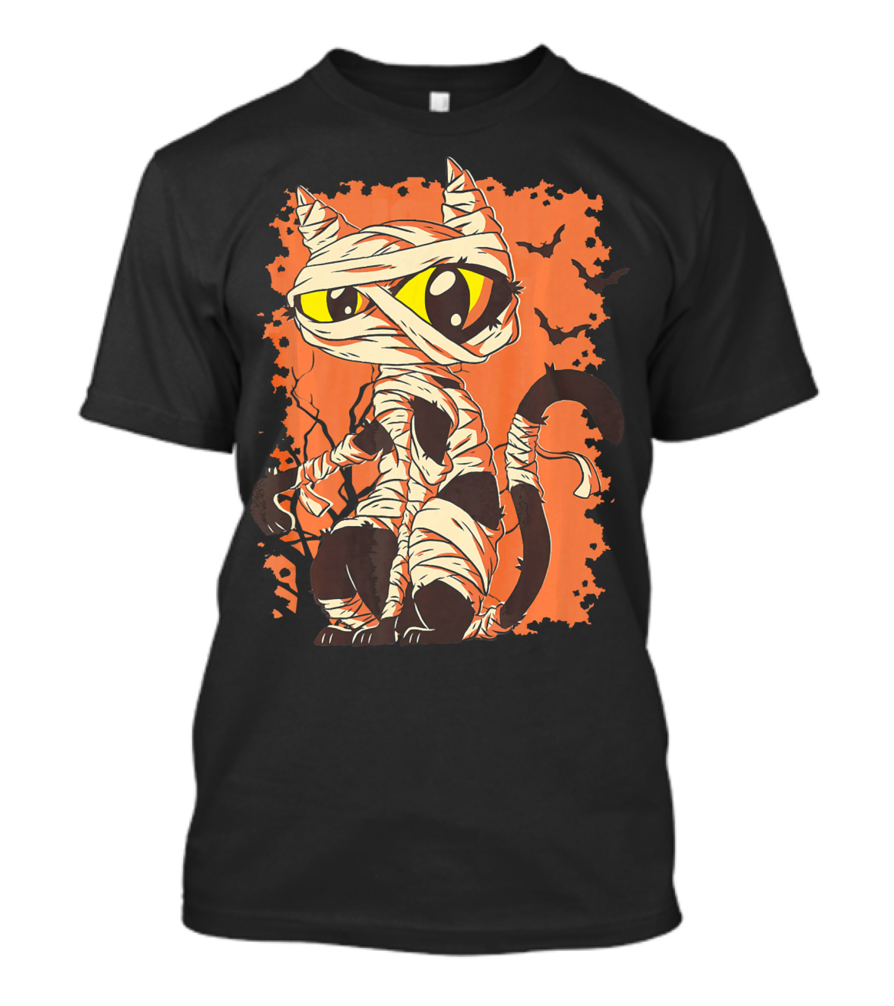 Mummy Cat With Yellow Eyes And Halloween Bats T-Shirt