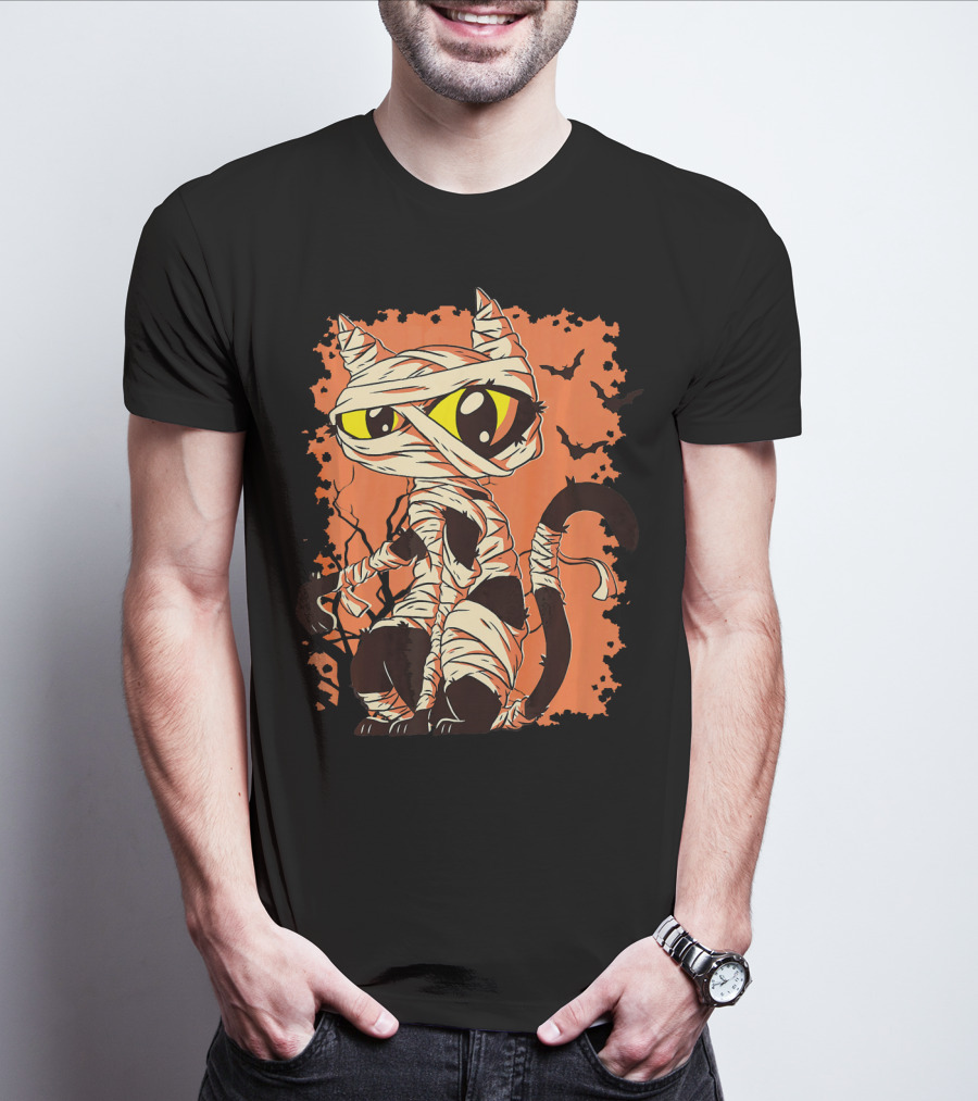 Mummy Cat With Yellow Eyes And Halloween Bats T-Shirt
