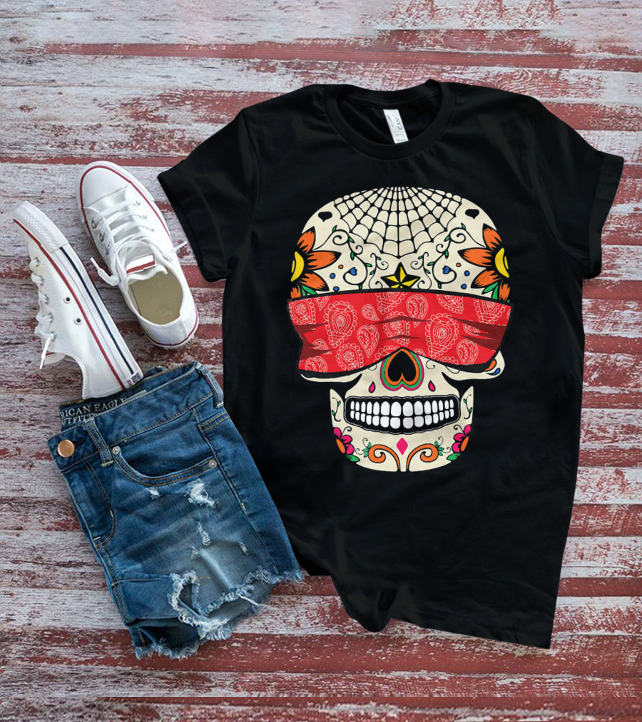 See No Evil Sugar Skull With Red Bandana And Floral Motifs T-Shirt
