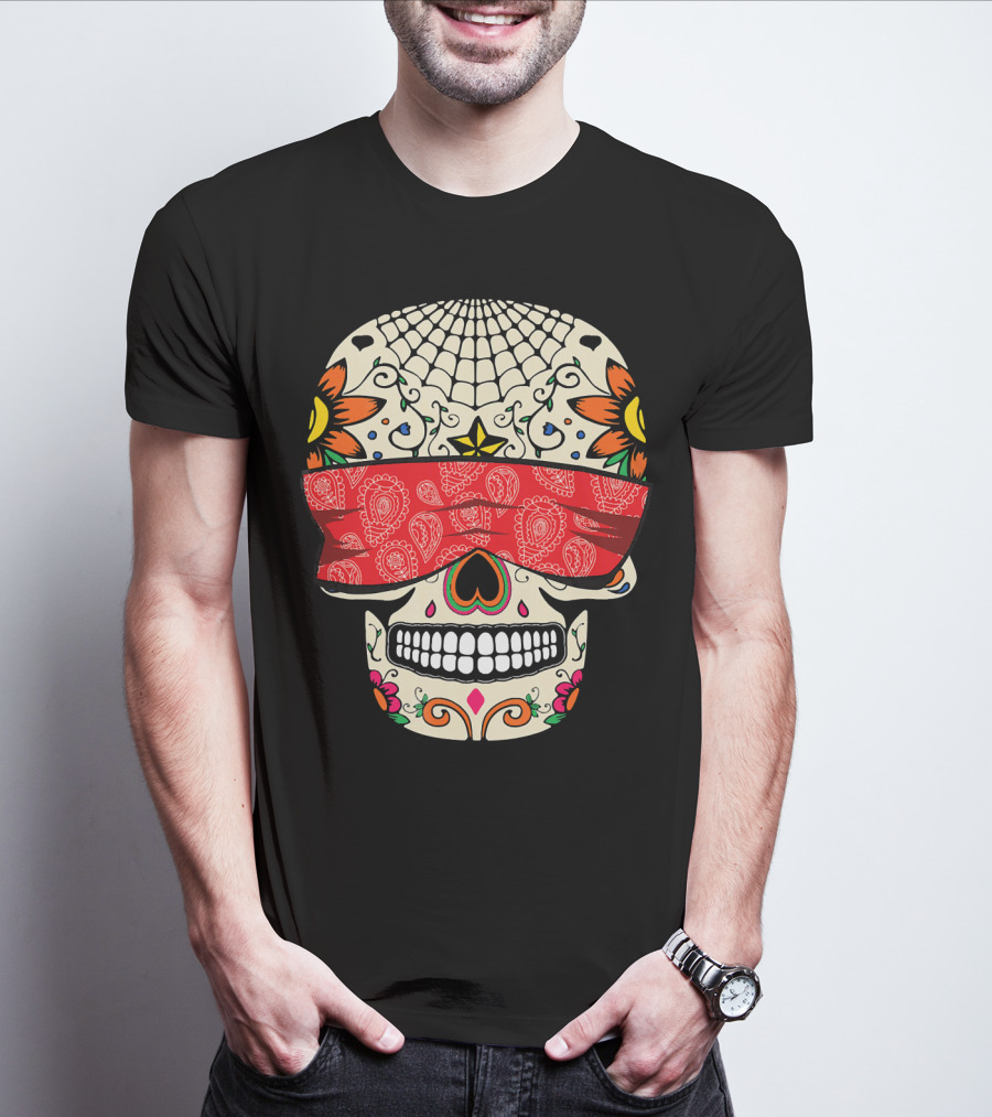 See No Evil Sugar Skull With Red Bandana And Floral Motifs T-Shirt