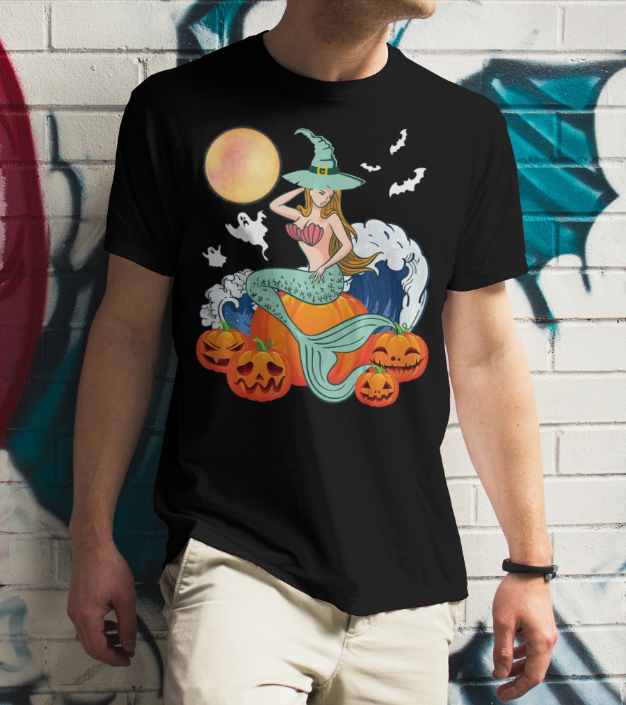 Scary Moon Pumpkin Ghosts Mermaid Witch With Jack-O'-Lanterns And Bats T-Shirt