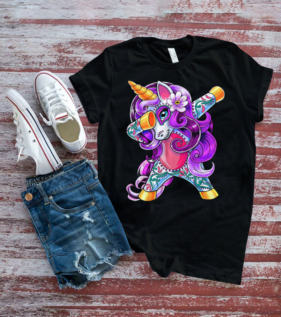 Dabbing Unicorn Day Of The Dead Sugar Skull T-Shirt