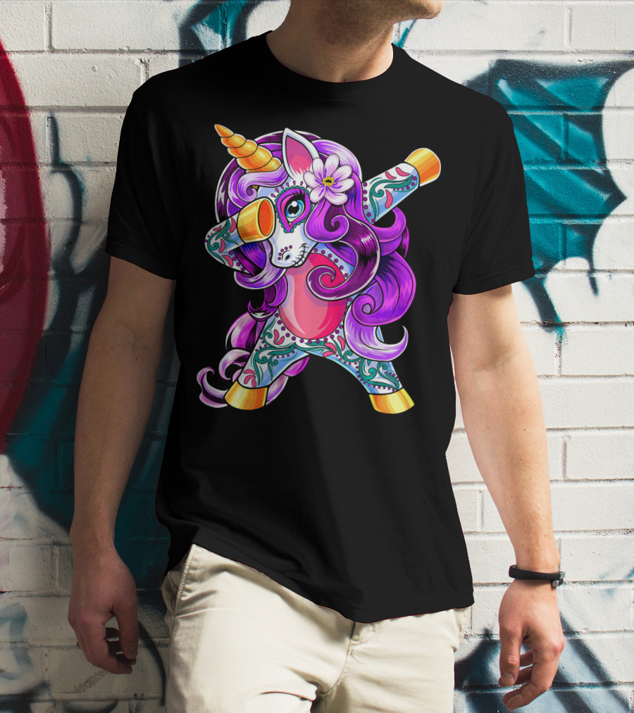 Dabbing Unicorn Day Of The Dead Sugar Skull T-Shirt