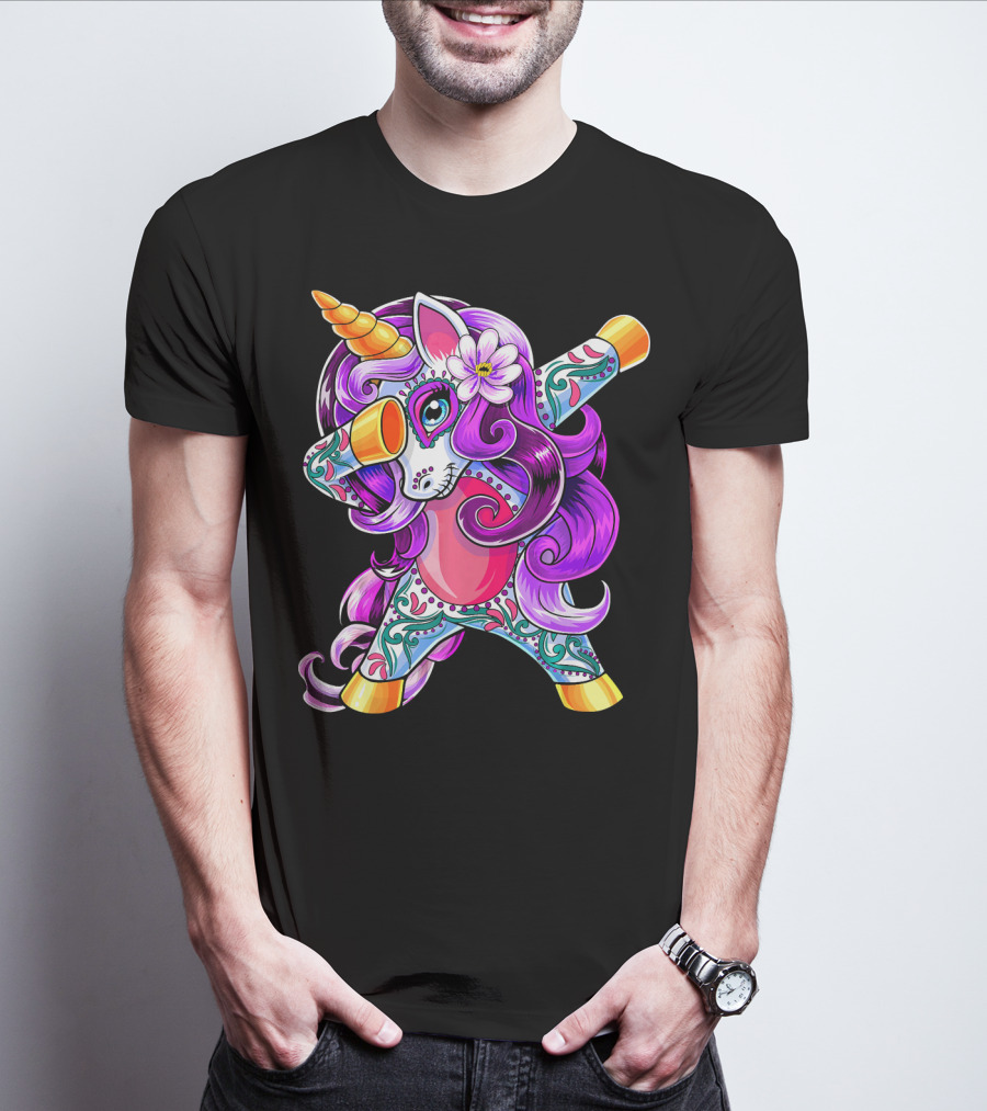 Dabbing Unicorn Day Of The Dead Sugar Skull T-Shirt