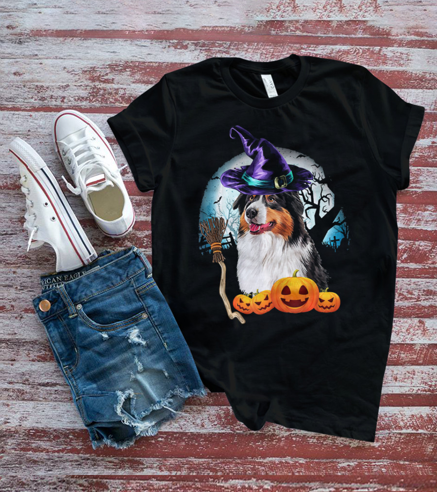 Australian Shepherd Halloween Witch Hat Dog With Pumpkins And Broomstick T-Shirt