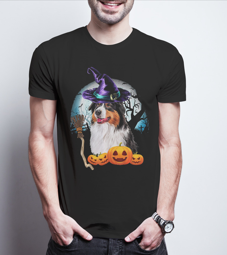 Australian Shepherd Halloween Witch Hat Dog With Pumpkins And Broomstick T-Shirt