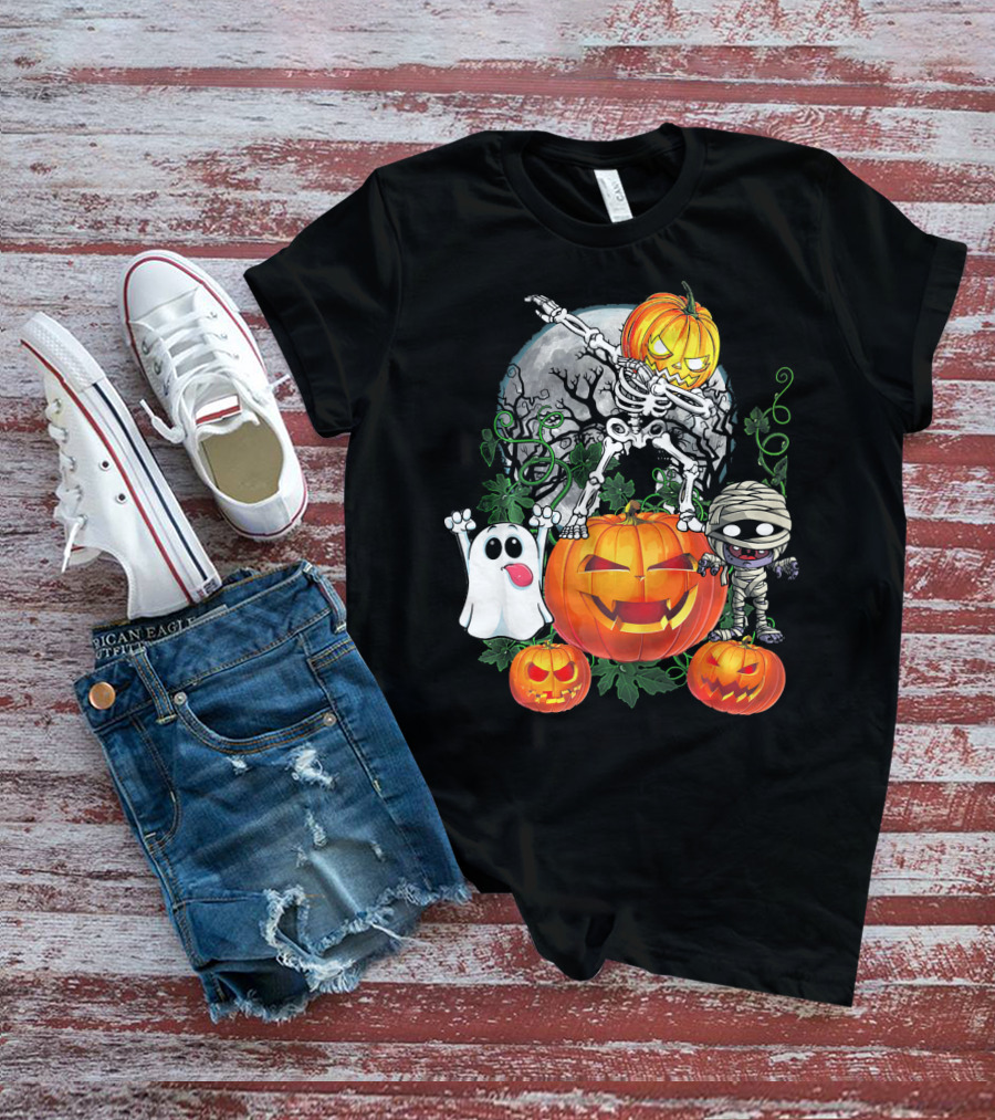 Dabbing Skeleton Pumpkin Ghost Mummy Halloween Moon Scene T-Shirt