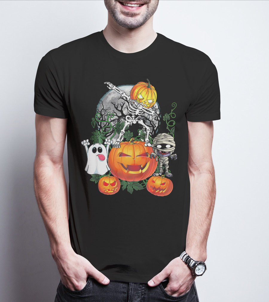 Dabbing Skeleton Pumpkin Ghost Mummy Halloween Moon Scene T-Shirt