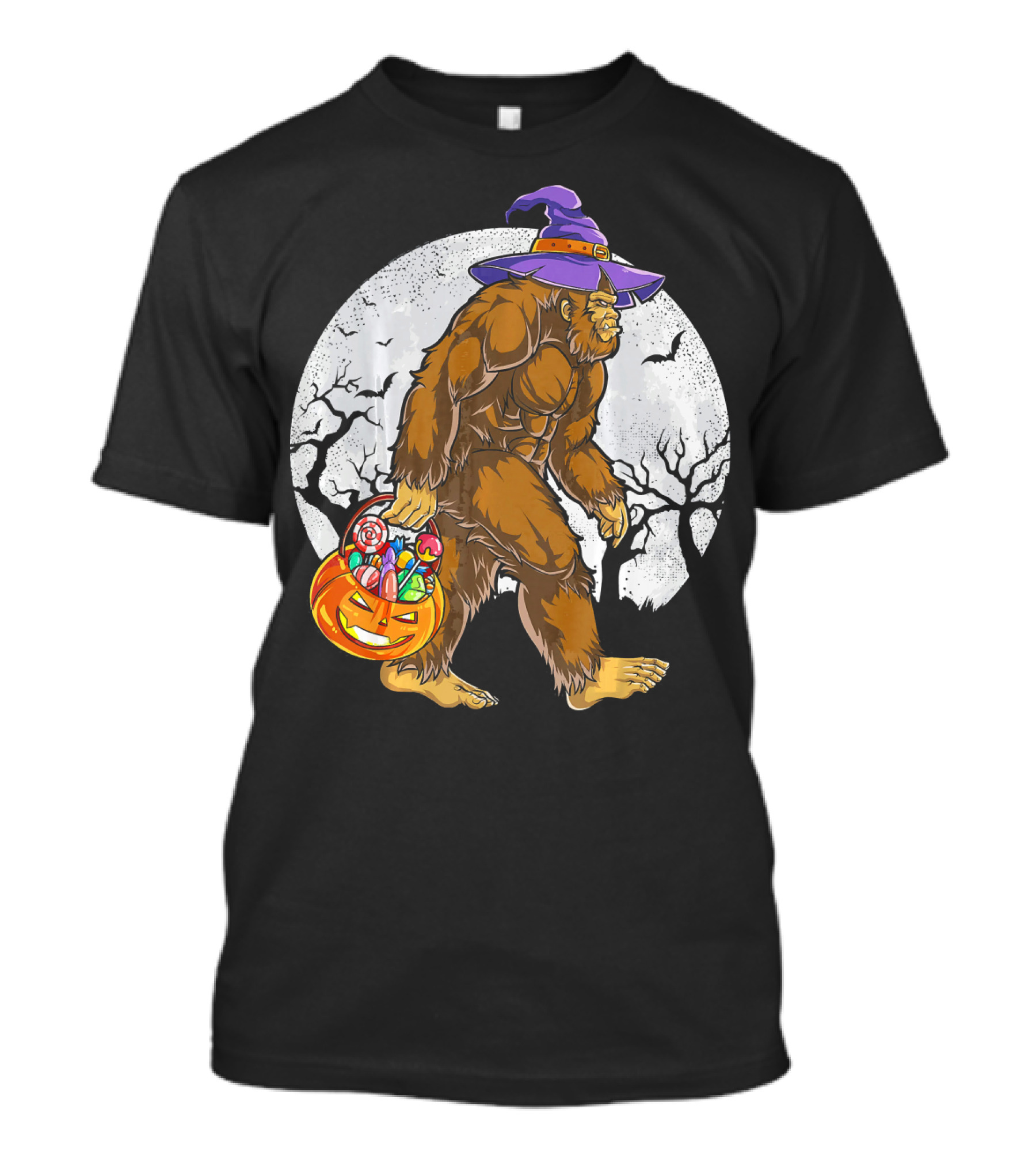 Bigfoot Witch Carrying Pumpkin Candy Basket In Spooky Moonlit Forest T-Shirt