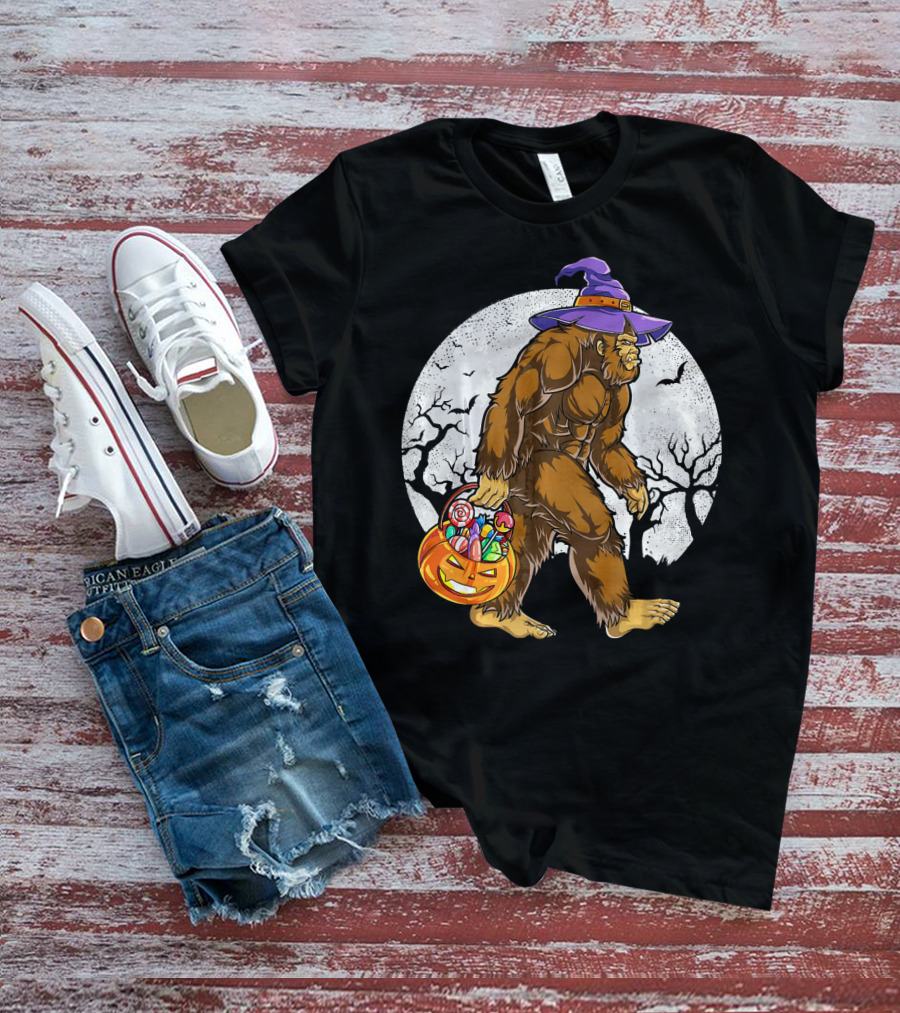 Bigfoot Witch Carrying Pumpkin Candy Basket In Spooky Moonlit Forest T-Shirt