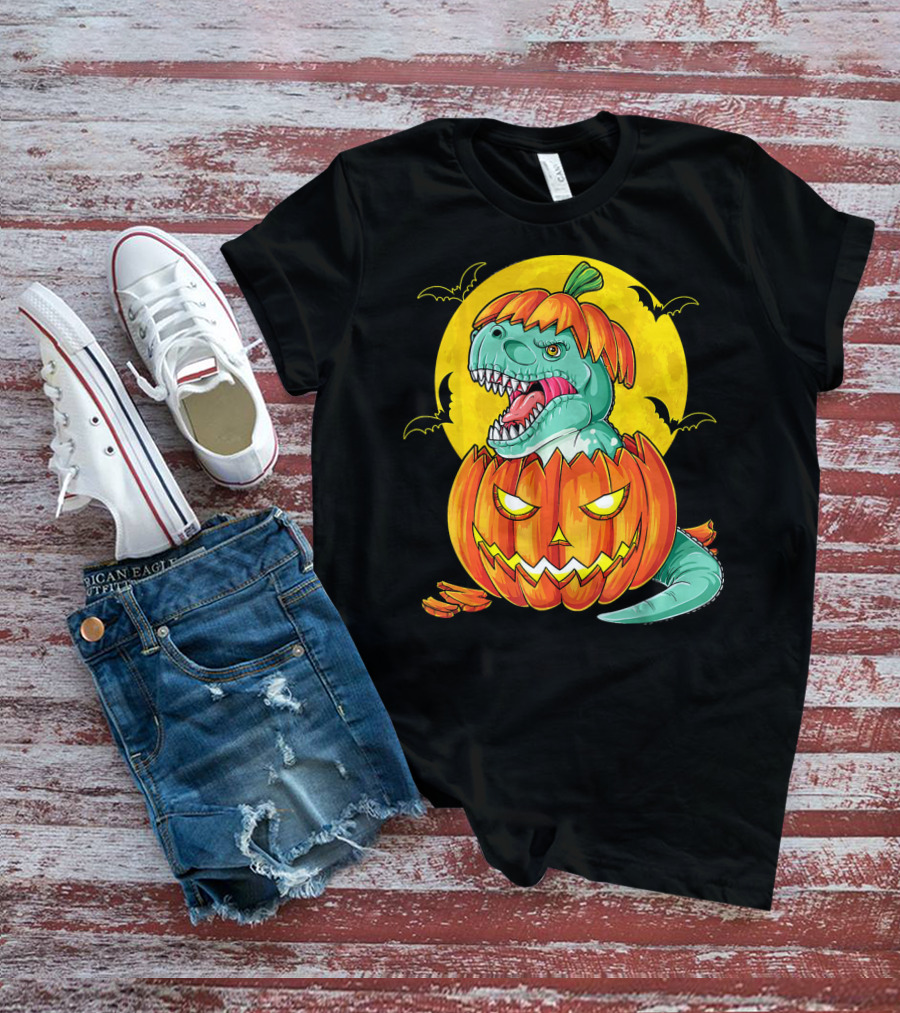 Dinosaur Pumpkin Halloween Moon Bats T-Shirt