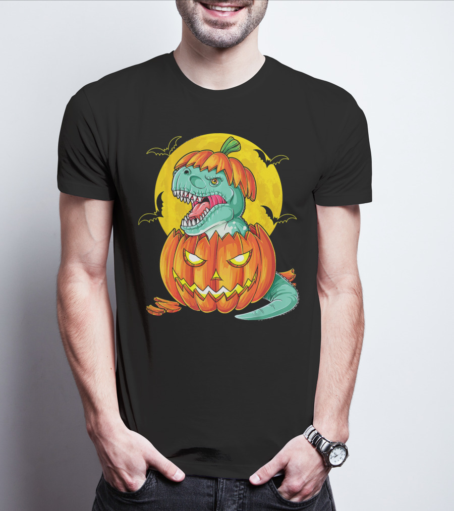 Dinosaur Pumpkin Halloween Moon Bats T-Shirt