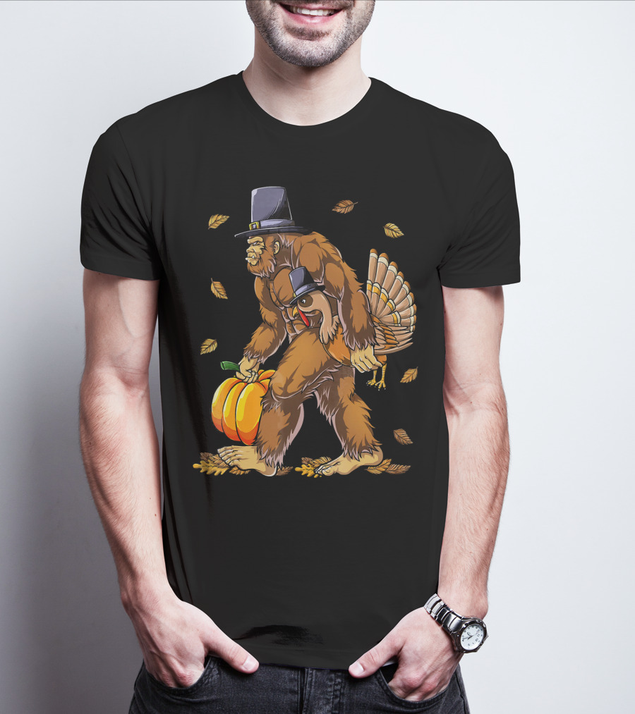 Thanksgiving Bigfoot Pilgrim Turkey Pumpkin Autumn Leaves T-Shirt