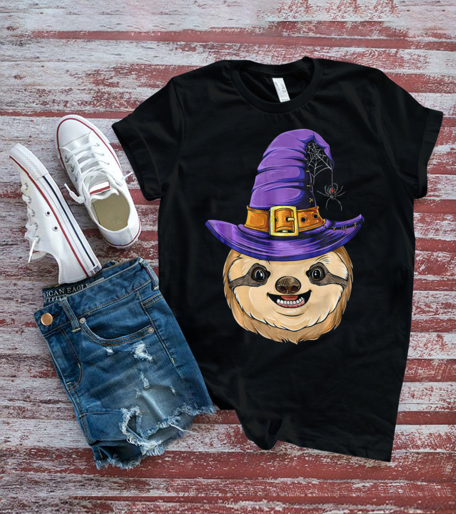 Sloth Witch Halloween Purple Hat Spider T-Shirt