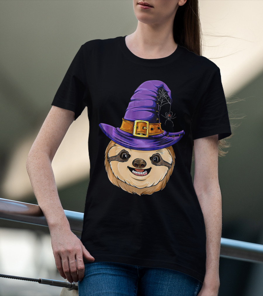 Sloth Witch Halloween Purple Hat Spider T-Shirt