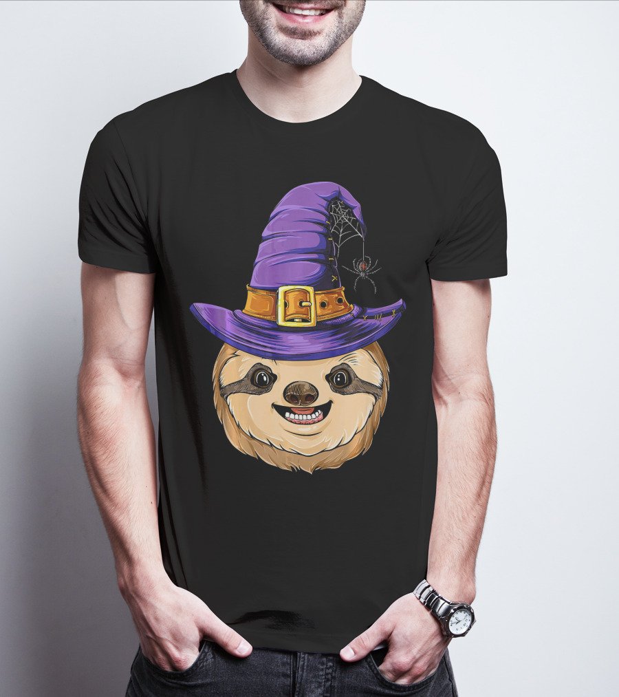Sloth Witch Halloween Purple Hat Spider T-Shirt